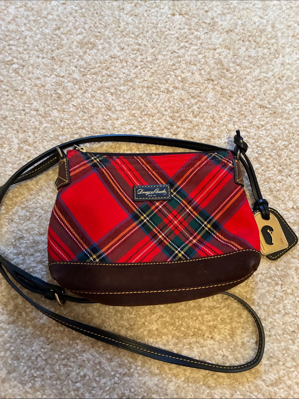 Dooney & Bourke Red Plaid Tartan Crossbody Bag Black Trim brown suede - Picture 11 of 11